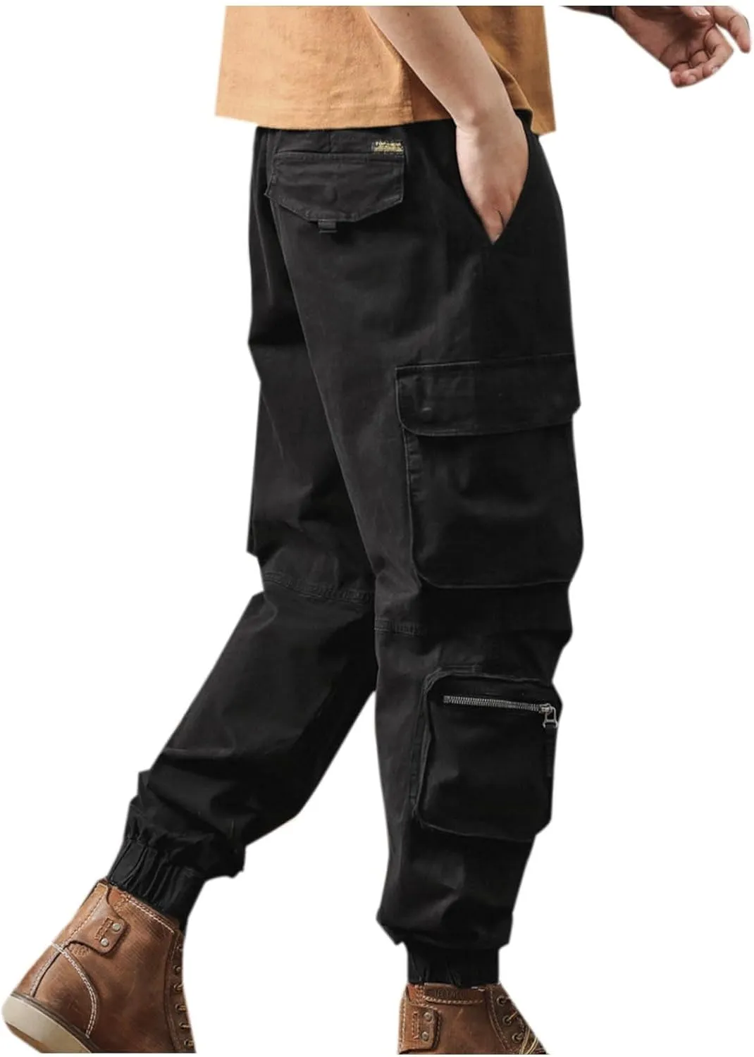 Men's Hiking Cargo Pants Joggers Slim Fit Stretch Lightweight Casual Work Pants with Multi Pockets Drawstring Waist