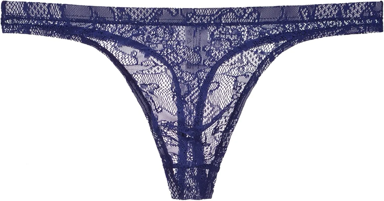 Men's Lace Frilly Thong Panties Sheer Mesh Boxer Briefs Semi Sheer T-back G-string Underwear Lingerie for Men Blue