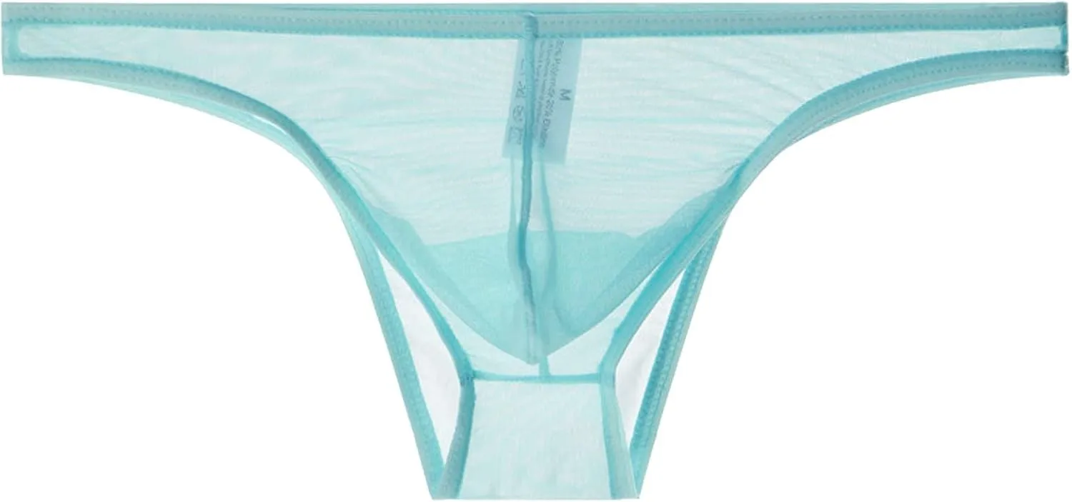Men's Lace Frilly Thong Panties Sheer Mesh Boxer Briefs Semi Sheer T-back G-string Underwear Lingerie for Men Light Blue