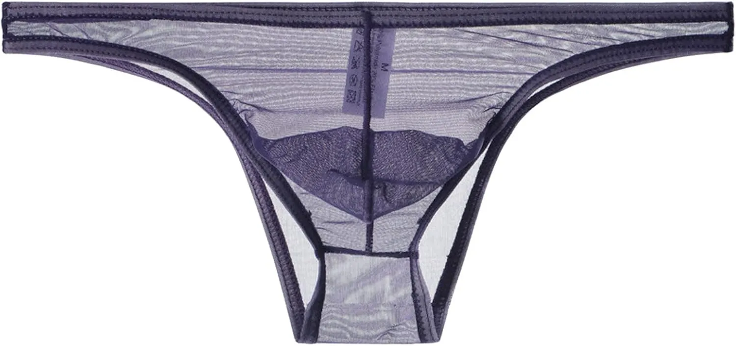 Men's Lace Frilly Thong Panties Sheer Mesh Boxer Briefs Semi Sheer T-back G-string Underwear Lingerie for Men Purple