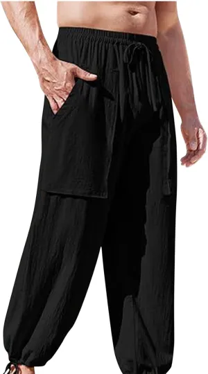 Mens Linen Cargo Pants Casual Drawstring Summer Beach Pants Elastic Waist Yoga Jogger Pants with Pockets