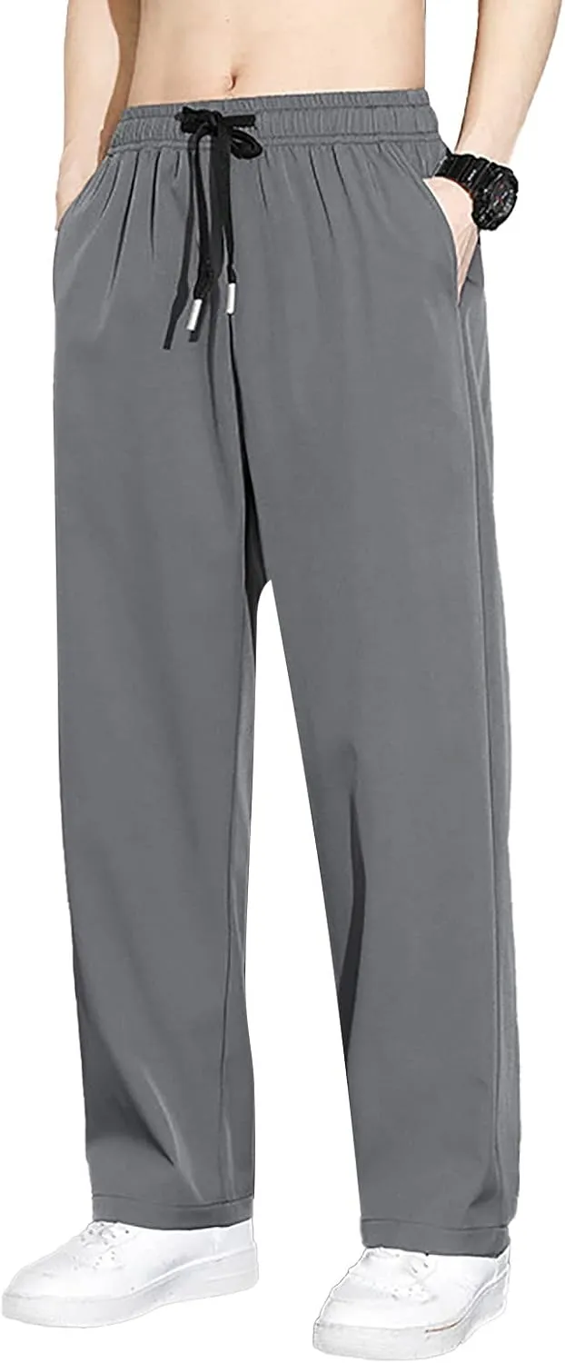 Mens Linen Cotton Loose Fit Lightweight Elastic Waist Pants, Summer Casual Lace Up Pocket Solid Color Pants