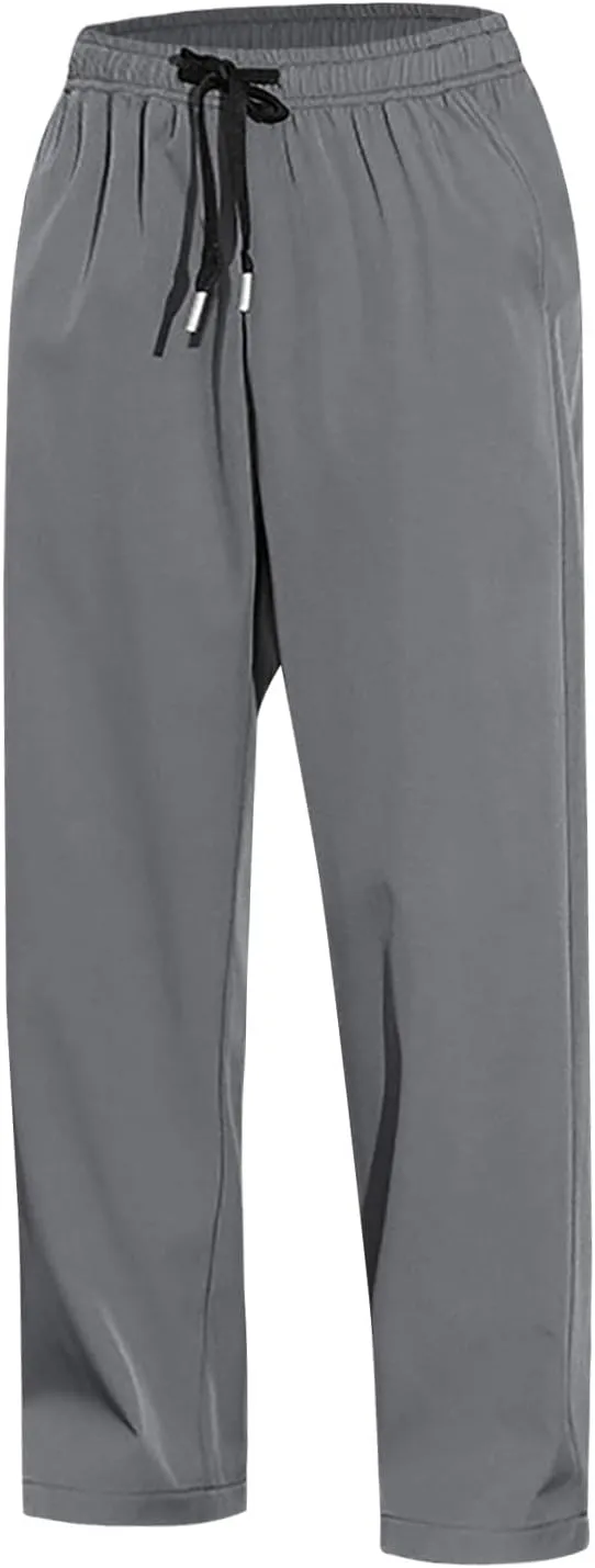 Mens Linen Cotton Loose Fit Lightweight Elastic Waist Pants, Summer Casual Lace Up Pocket Solid Color Pants