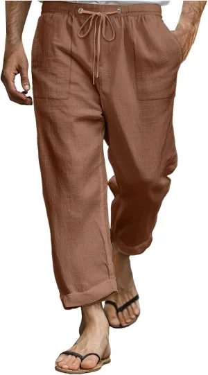 Mens Linen Pants Oversized Loose Stretchy Drawstring Waist Straight Legs Trouser Lightweight Casual Beach Pant Pocket
