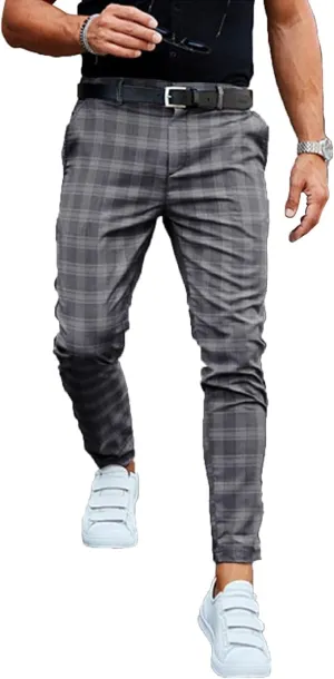 Mens Stretch Skinny Flat Front Pant Fashion Business Casual Chino Pants Formal Slim Fit Plaid Trousers