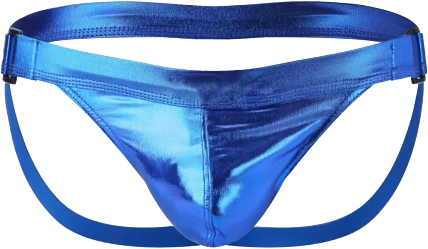 Men's Underwear Faux Leather Thong Underwear G-String with Pouch Butt-Flaunting Gym Low Rise Brief Blue