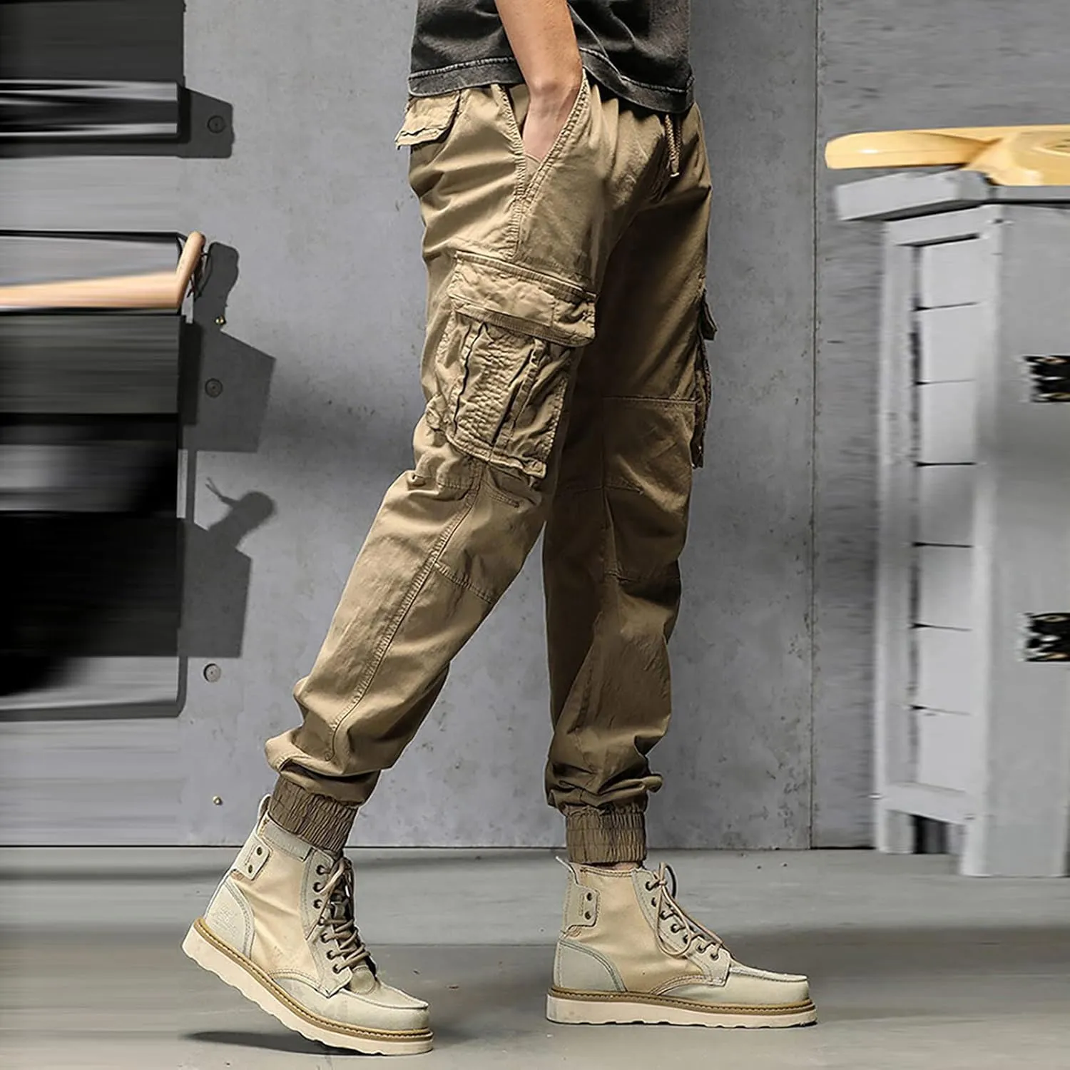 Mens Work Pants Mens Cotton Plus Size Pocket Solid Elastic Waist Pants Overall Pants Pantalones De Hombre Trabajo