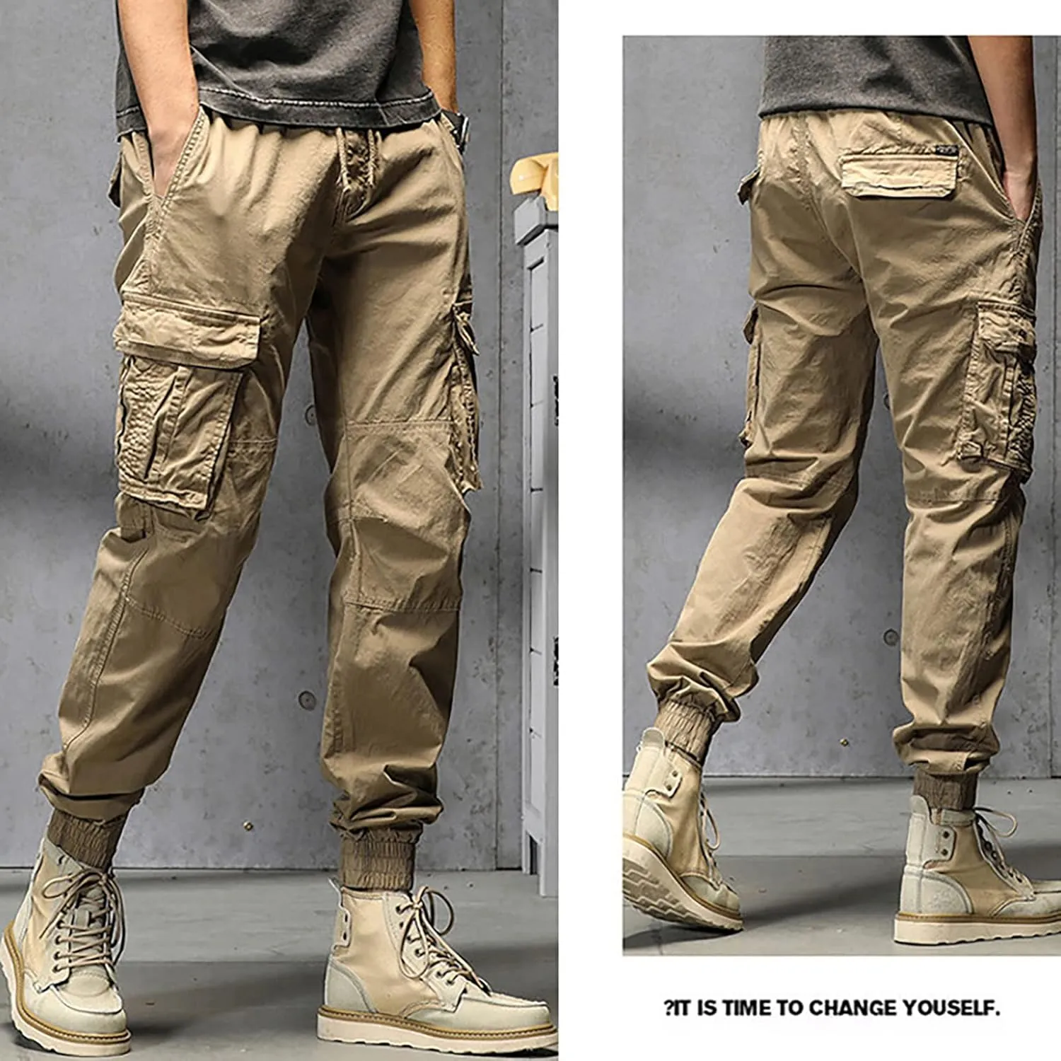 Mens Work Pants Mens Cotton Plus Size Pocket Solid Elastic Waist Pants Overall Pants Pantalones De Hombre Trabajo