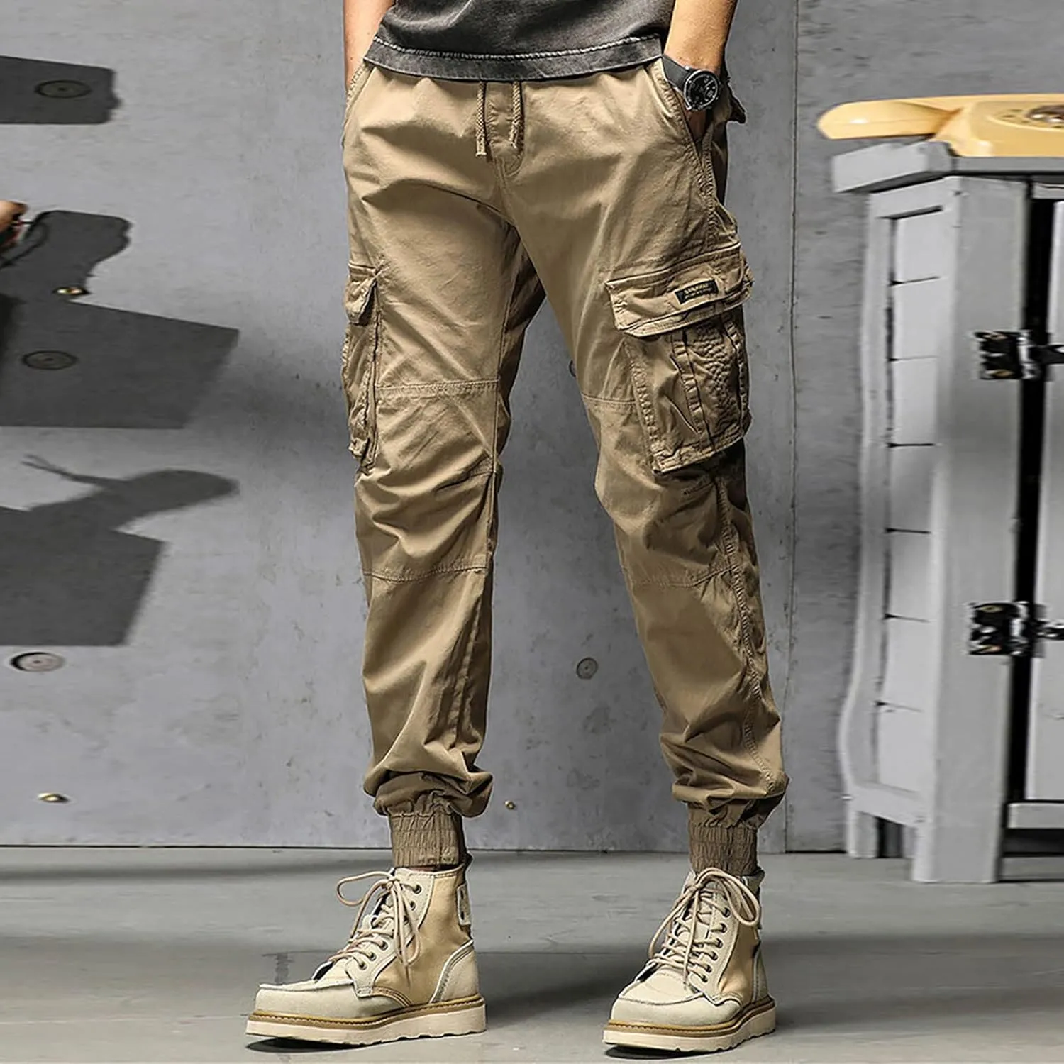Mens Work Pants Mens Cotton Plus Size Pocket Solid Elastic Waist Pants Overall Pants Pantalones De Hombre Trabajo