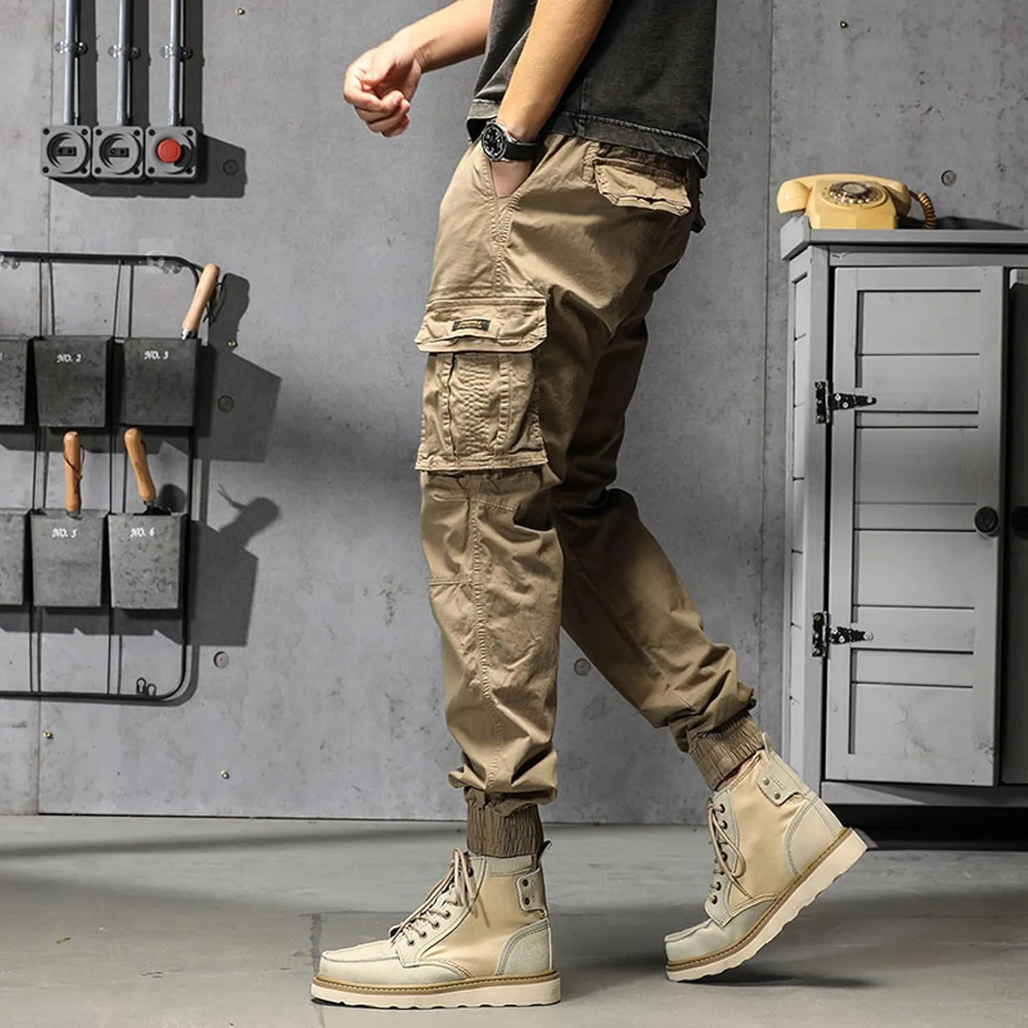 Mens Work Pants Mens Cotton Plus Size Pocket Solid Elastic Waist Pants Overall Pants Pantalones De Hombre Trabajo