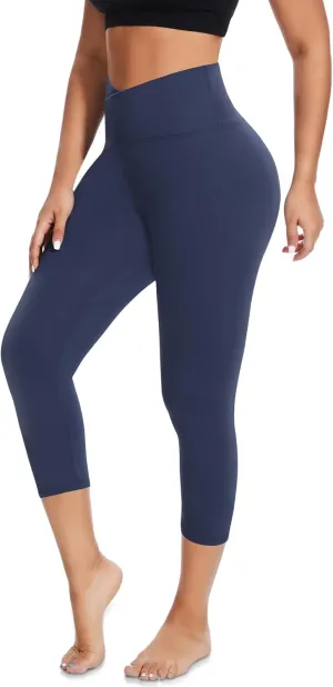 MOREFEEL V Cross Waist Capri Leggings for Women- Summer Workout Tummy Control Butt Lift Soft Sports Gym Yoga Pants Tights