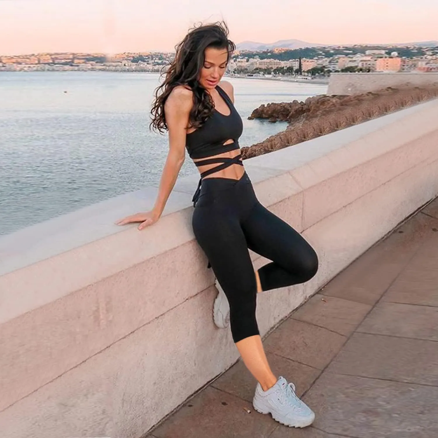 MOREFEEL V Cross Waist Capri Leggings for Women- Summer Workout Tummy Control Butt Lift Soft Sports Gym Yoga Pants Tights