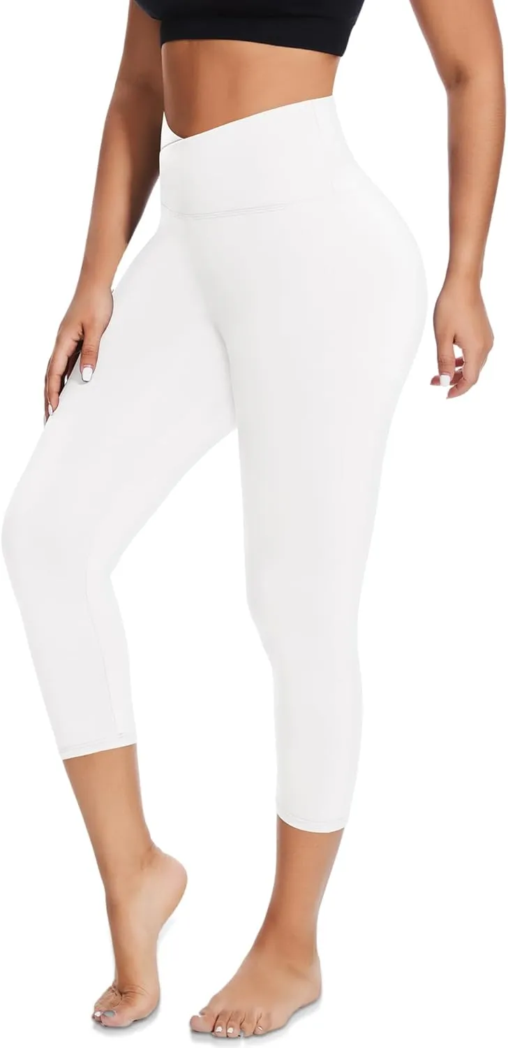 MOREFEEL V Cross Waist Capri Leggings for Women- Summer Workout Tummy Control Butt Lift Soft Sports Gym Yoga Pants Tights