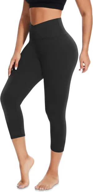 MOREFEEL V Cross Waist Capri Leggings for Women- Summer Workout Tummy Control Butt Lift Soft Sports Gym Yoga Pants Tights