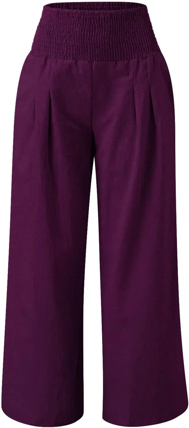 NATHGAM Womens Summer Flowy Cotton Linen Palazzo Pants Beach Smocked High Waisted Lounge Wide Leg Trousers Long with Pockets