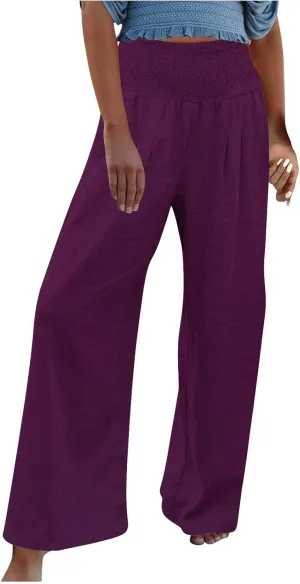 NATHGAM Womens Summer Flowy Cotton Linen Palazzo Pants Beach Smocked High Waisted Lounge Wide Leg Trousers Long with Pockets