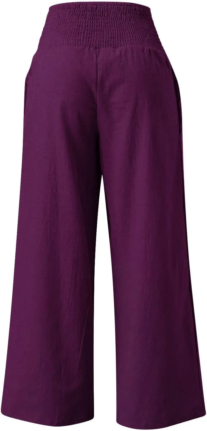 NATHGAM Womens Summer Flowy Cotton Linen Palazzo Pants Beach Smocked High Waisted Lounge Wide Leg Trousers Long with Pockets