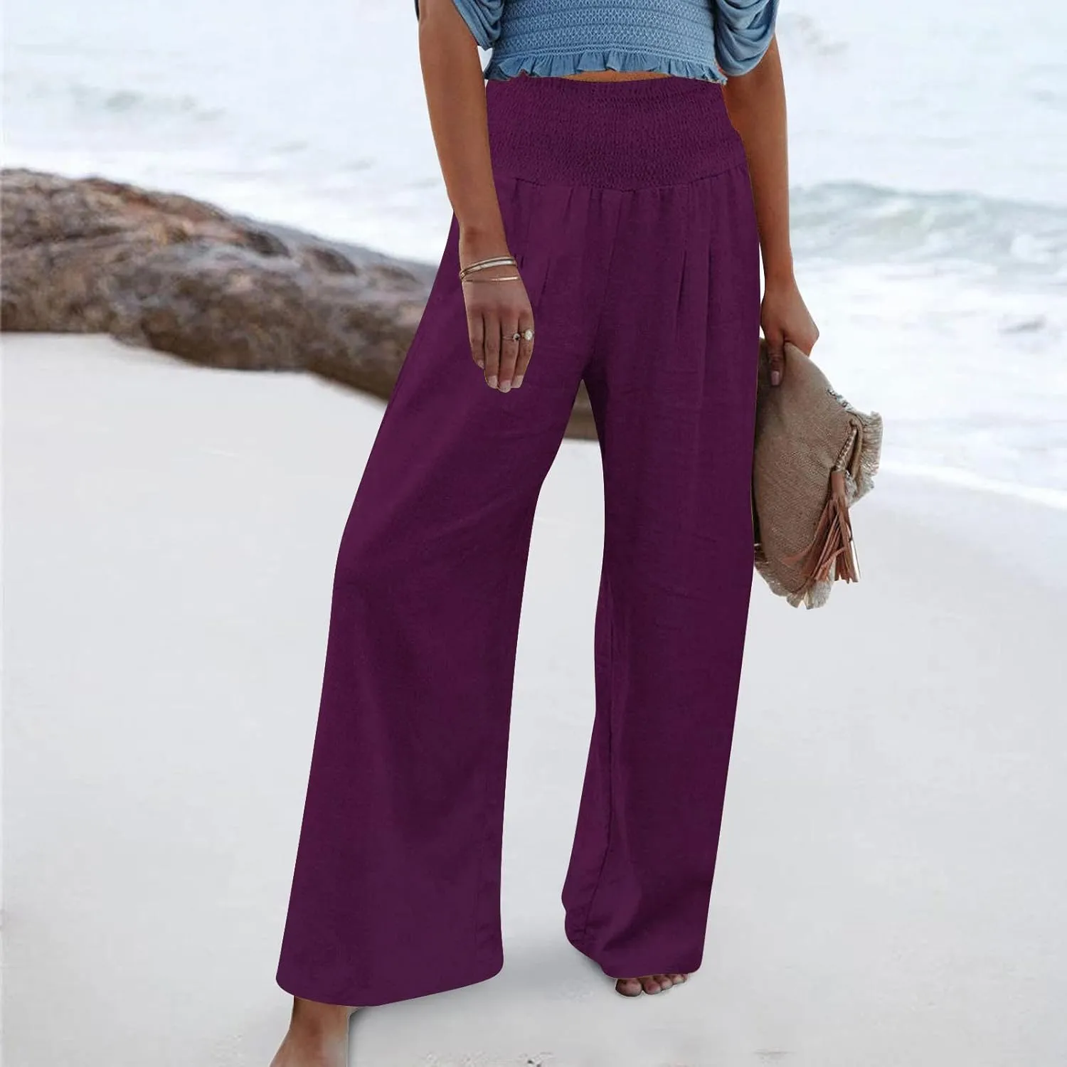 NATHGAM Womens Summer Flowy Cotton Linen Palazzo Pants Beach Smocked High Waisted Lounge Wide Leg Trousers Long with Pockets