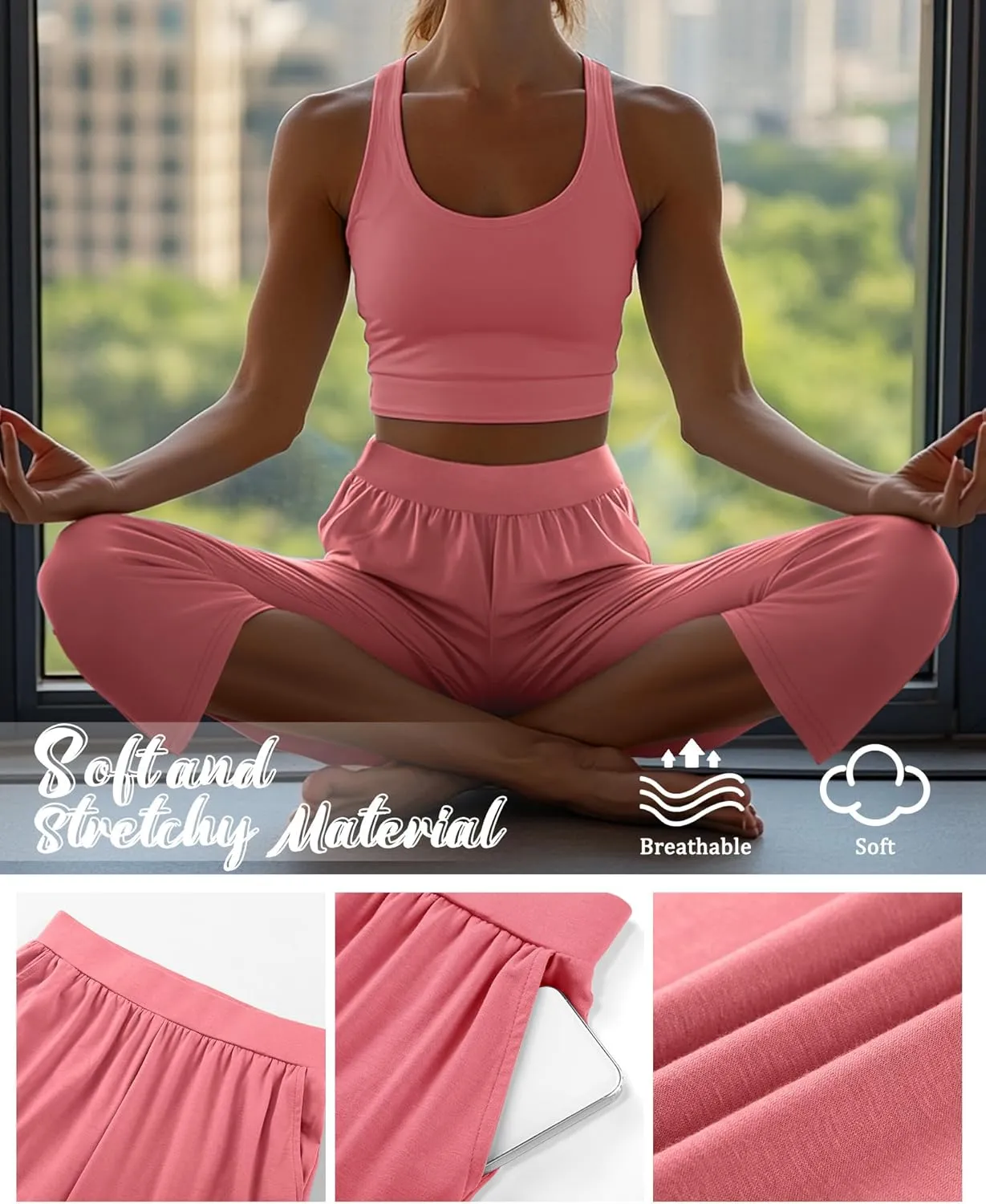 Neer 4 Pack Women's Capri Pants, Lounge Wide Leg Yoga Sweatpants Loose Comfy Cotton Jogger Pants Workout Capris with Pockets
