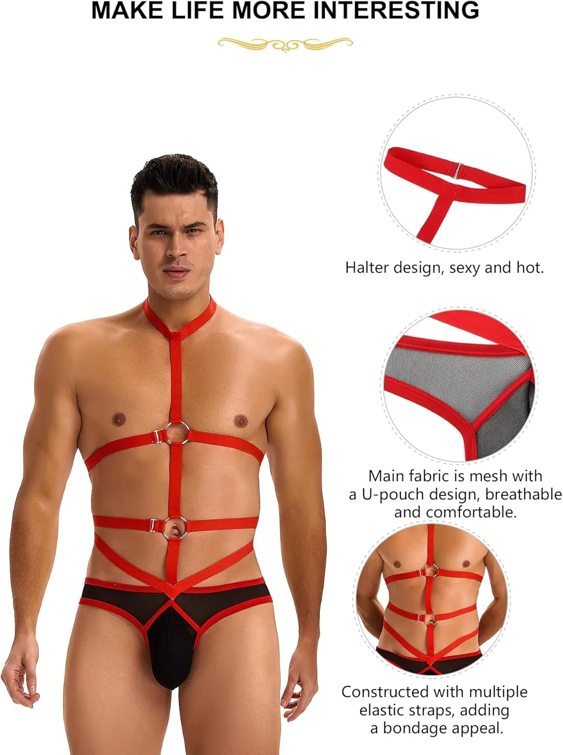 ohyeah Mens Sexy Underwear Full Body Harness Strappy Lingerie Breathable Mesh Briefs See Through Underwear Lingerie for Men