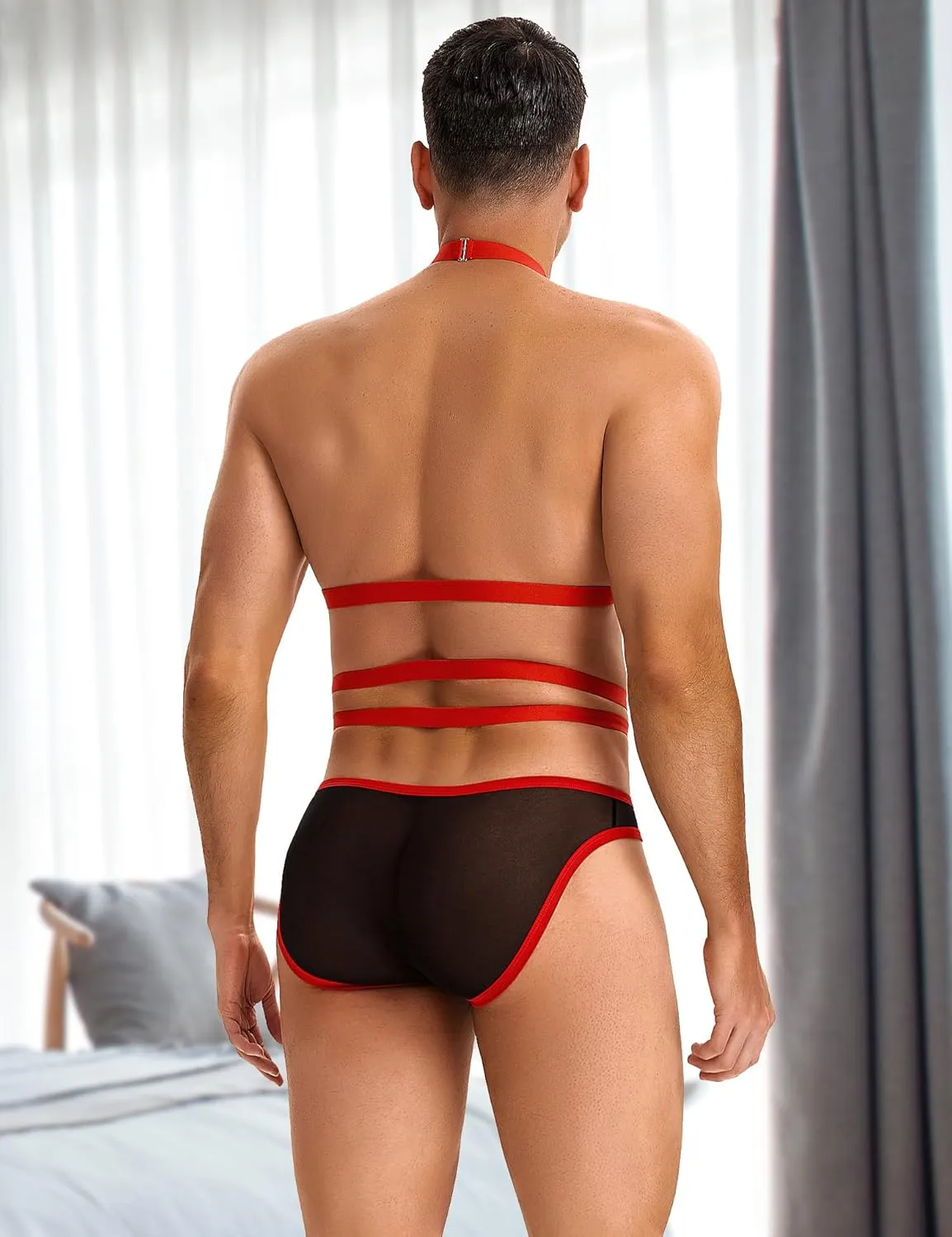 ohyeah Mens Sexy Underwear Full Body Harness Strappy Lingerie Breathable Mesh Briefs See Through Underwear Lingerie for Men