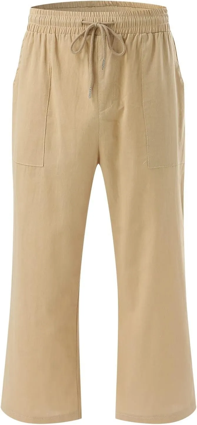 Petite Pants For Women Summer Cropped Linen Trouser Elastic Waist Drawstring 3/4 Length Pant Lightweight Loose Pant