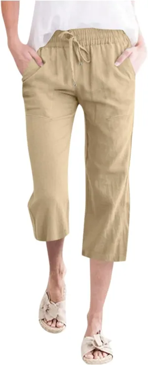 Petite Pants For Women Summer Cropped Linen Trouser Elastic Waist Drawstring 3/4 Length Pant Lightweight Loose Pant
