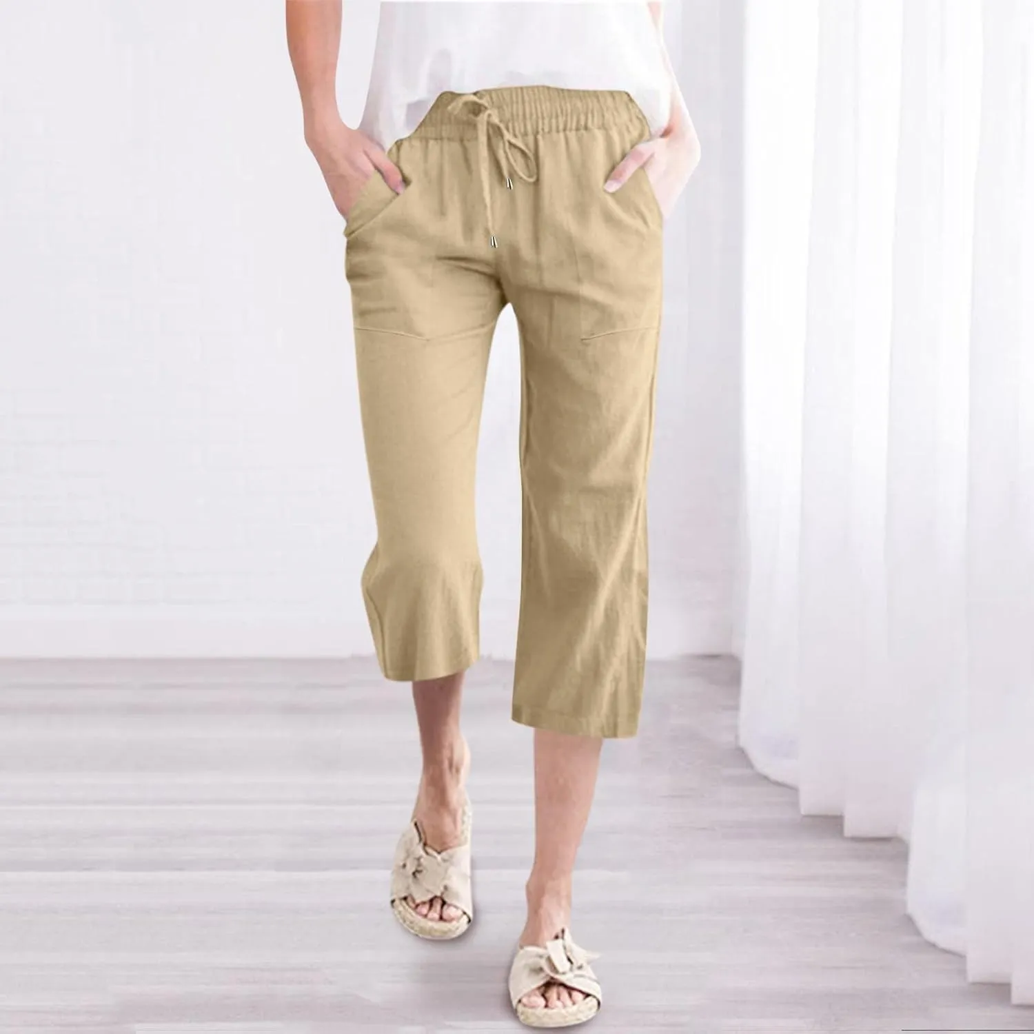 Petite Pants For Women Summer Cropped Linen Trouser Elastic Waist Drawstring 3/4 Length Pant Lightweight Loose Pant