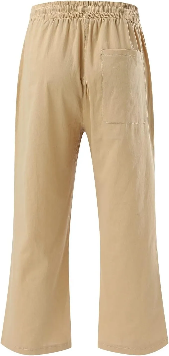 Petite Pants For Women Summer Cropped Linen Trouser Elastic Waist Drawstring 3/4 Length Pant Lightweight Loose Pant