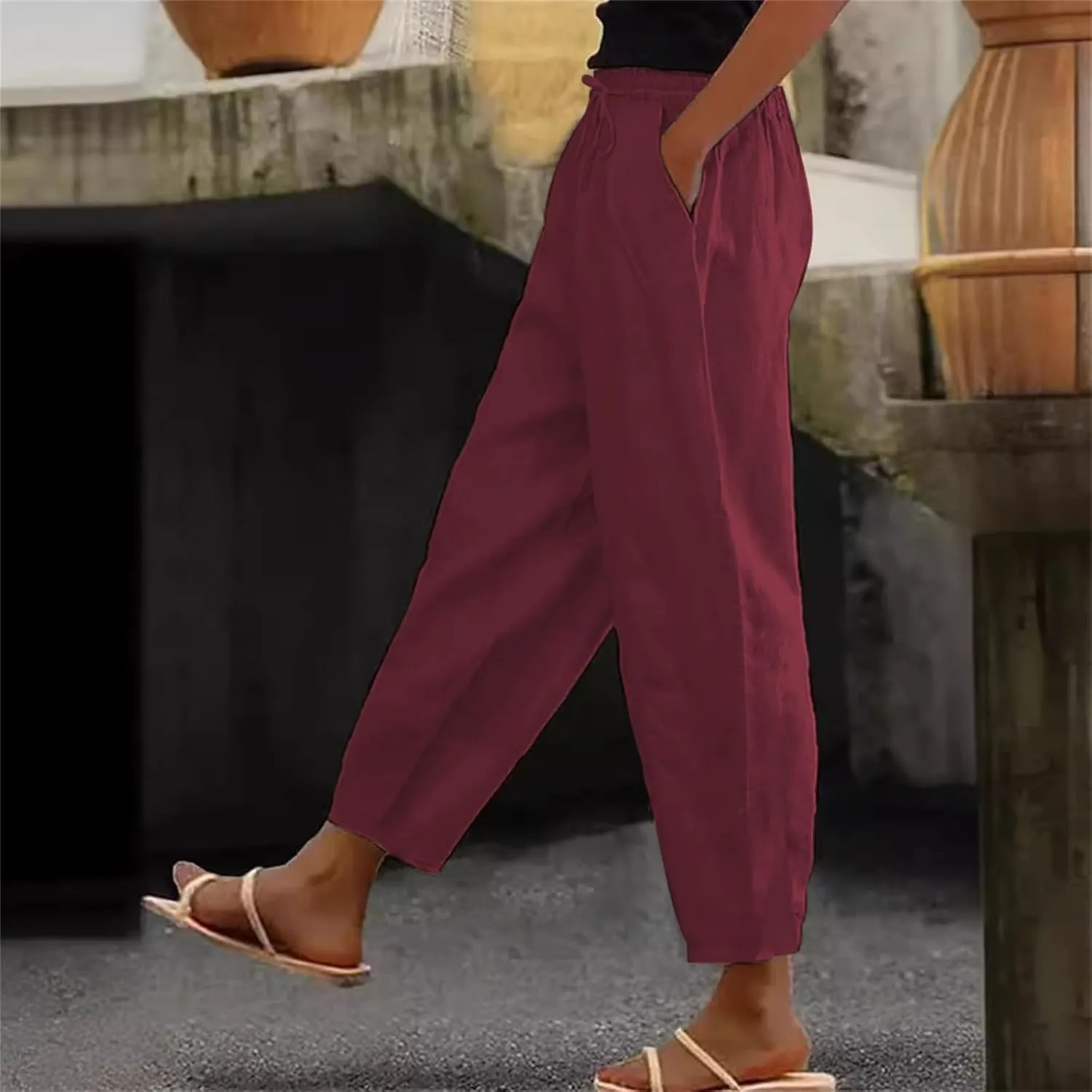 Plus Size Women Summer Linen Pants 2025 Elastic High Waist Casual Pant Drawstring Loose Trousers Capris with Pockets