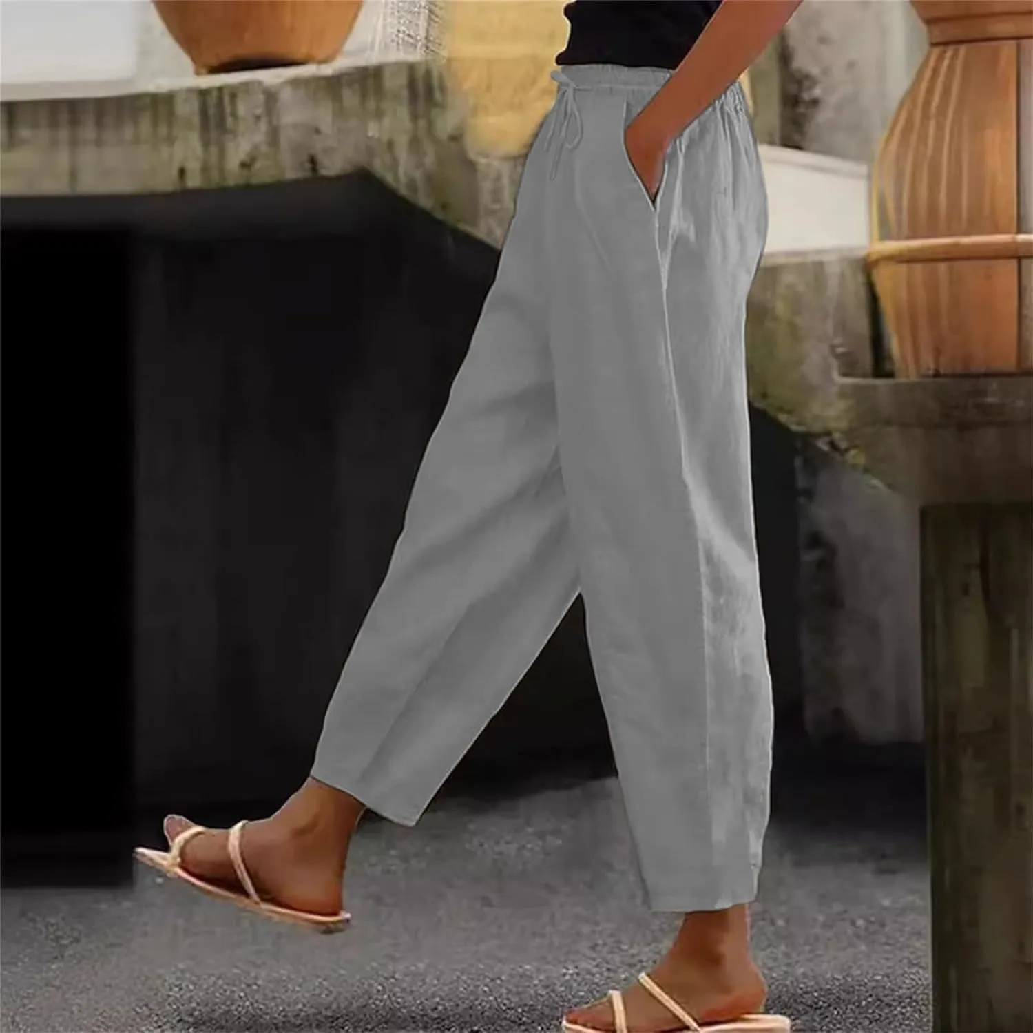 Plus Size Women Summer Linen Pants 2025 Elastic High Waist Casual Pant Drawstring Loose Trousers Capris with Pockets