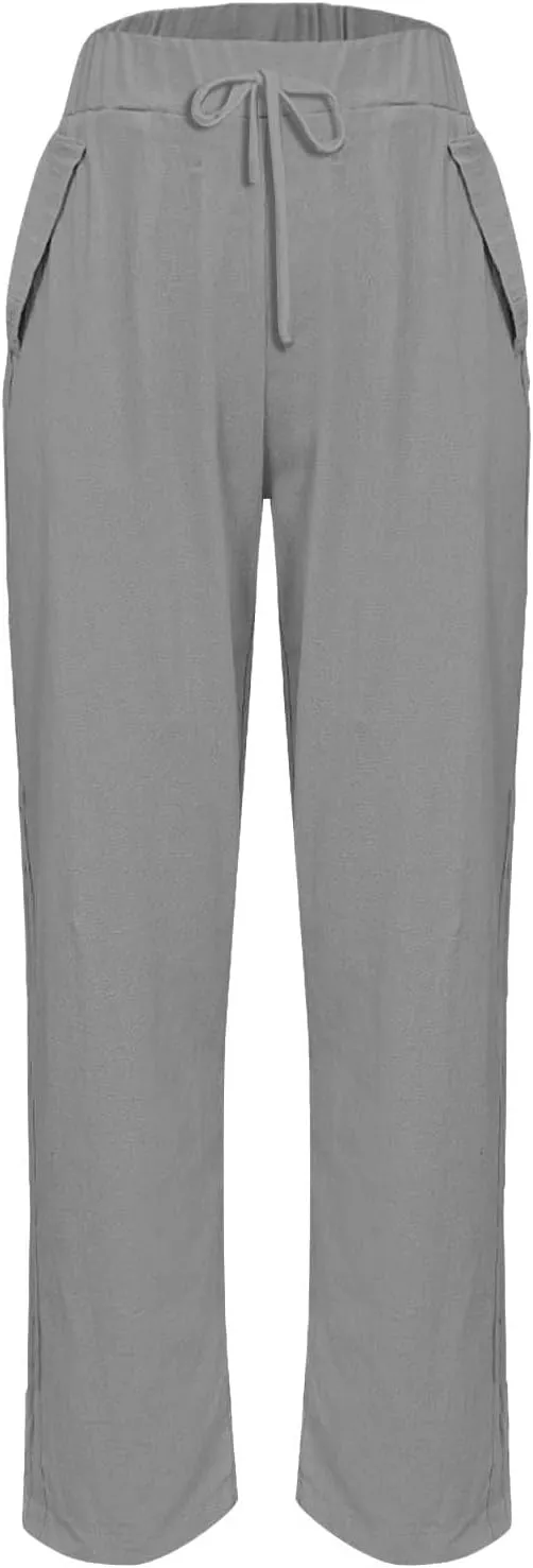 Plus Size Women Summer Linen Pants 2025 Elastic High Waist Casual Pant Drawstring Loose Trousers Capris with Pockets