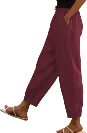 Plus Size Women Summer Linen Pants 2025 Elastic High Waist Casual Pant Drawstring Loose Trousers Capris with Pockets
