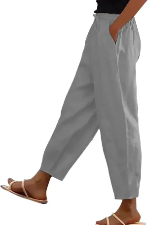 Plus Size Women Summer Linen Pants 2025 Elastic High Waist Casual Pant Drawstring Loose Trousers Capris with Pockets