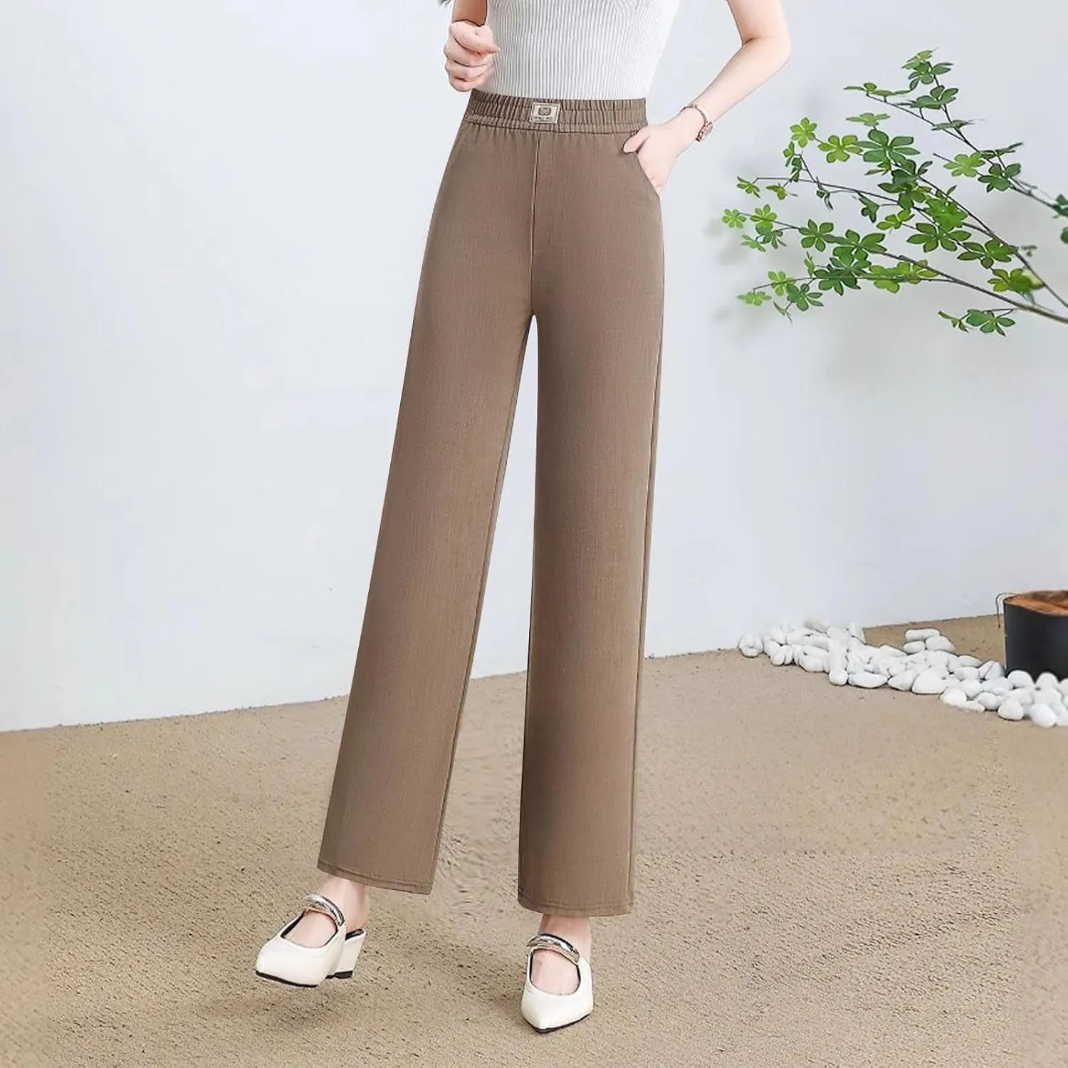 Plus Size Womens Casual Wide Leg Pants Summer Elastic Waist Loose Pant Lounge Palazzo Trousers with Pockets
