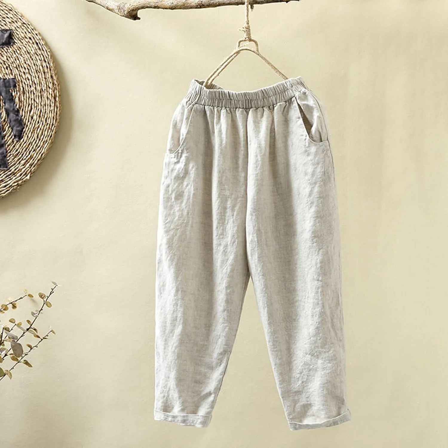 PTOLOCIF Cotton Linen Pants Women,Casual Cotton Linen Pants Lightweight Elastic Waist Pant Summer Lounge Drawstring Pants