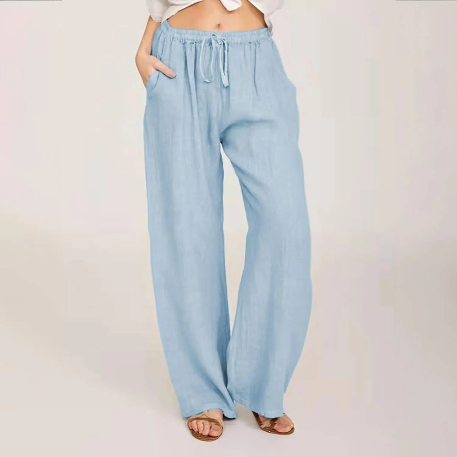RKSTN Women's Cotton Linen Pants Summer Wide Leg Drawstring High Waist Palazzo Pant 2025 Casual Loose Trousers with Pockets