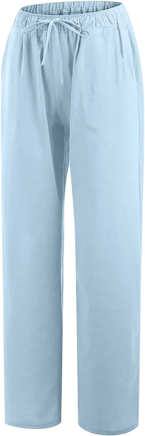 RKSTN Women's Cotton Linen Pants Summer Wide Leg Drawstring High Waist Palazzo Pant 2025 Casual Loose Trousers with Pockets