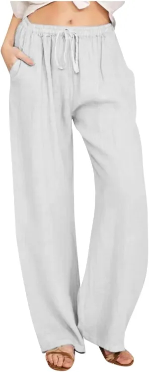 RKSTN Women's Cotton Linen Pants Summer Wide Leg Drawstring High Waist Palazzo Pant 2025 Casual Loose Trousers with Pockets