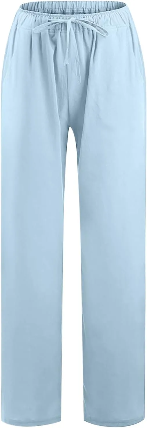RKSTN Women's Cotton Linen Pants Summer Wide Leg Drawstring High Waist Palazzo Pant 2025 Casual Loose Trousers with Pockets