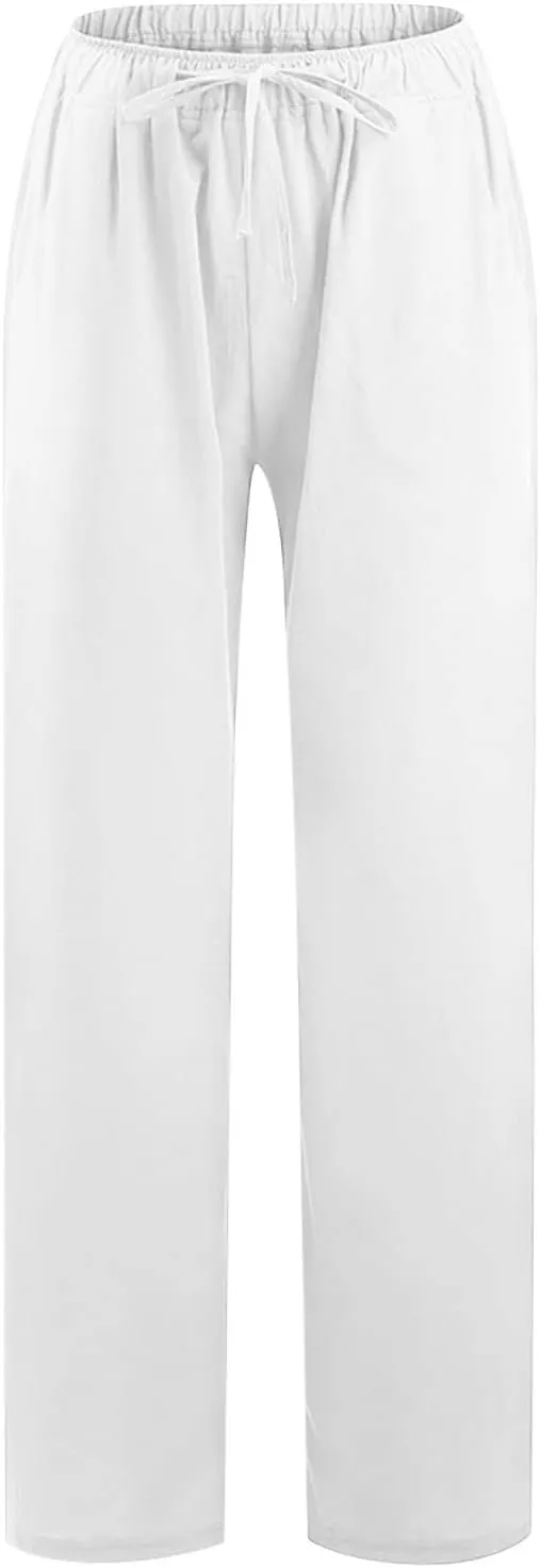 RKSTN Women's Cotton Linen Pants Summer Wide Leg Drawstring High Waist Palazzo Pant 2025 Casual Loose Trousers with Pockets