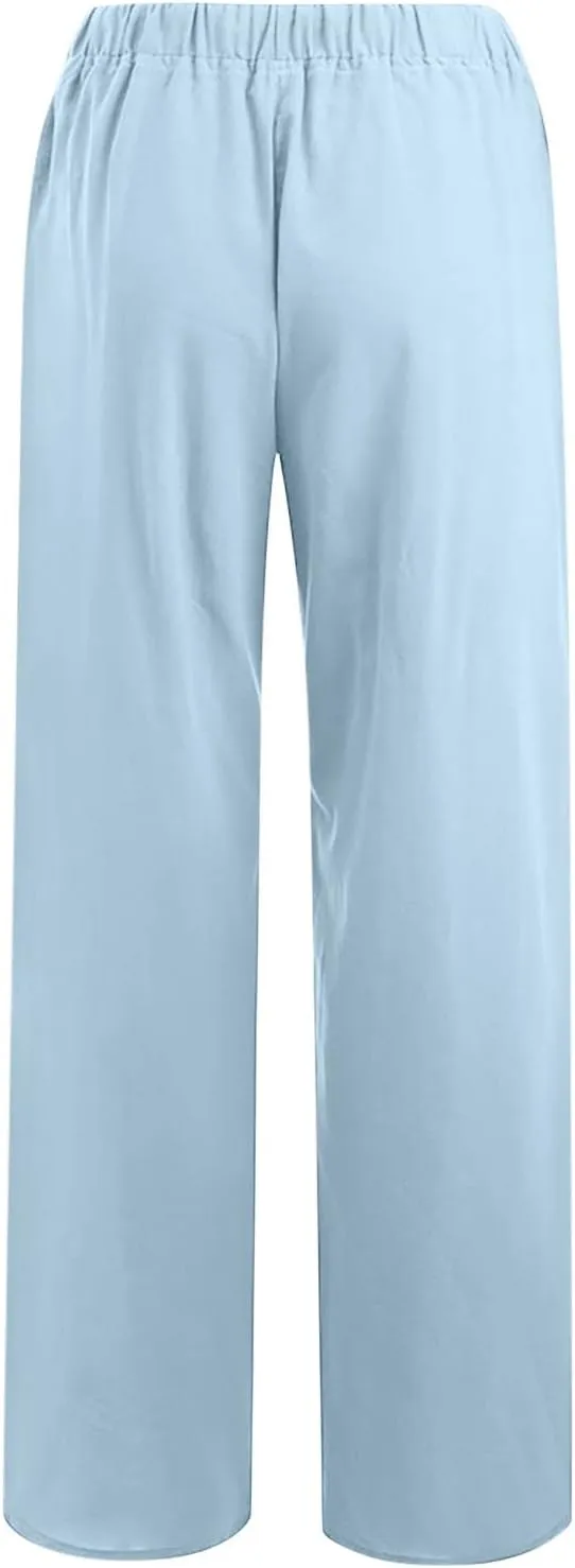 RKSTN Women's Cotton Linen Pants Summer Wide Leg Drawstring High Waist Palazzo Pant 2025 Casual Loose Trousers with Pockets
