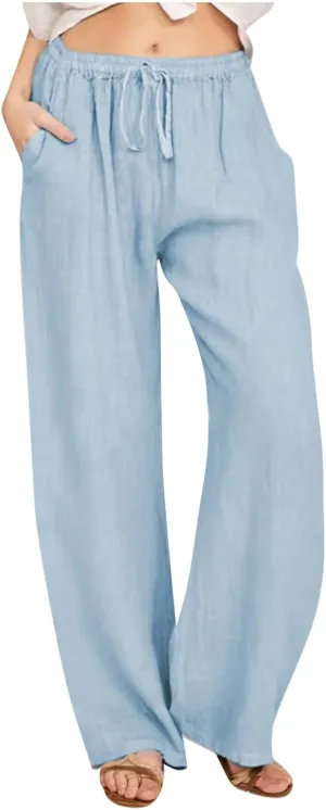 RKSTN Women's Cotton Linen Pants Summer Wide Leg Drawstring High Waist Palazzo Pant 2025 Casual Loose Trousers with Pockets