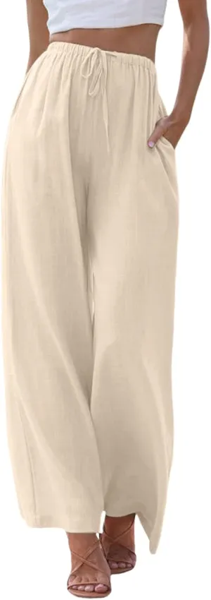 sdbrld Pantalones De Lino De Las Mujeres Linen Wide Leg Pants for Women Shorts Linen Pants Women Summer,Womens Linen Pants with Pockets High Waist Adjustable Knot Casual Trousers (Z41-Beige, XXXL)