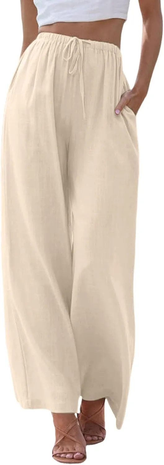 sdbrld Pantalones De Lino De Las Mujeres Linen Wide Leg Pants for Women Shorts Linen Pants Women Summer,Womens Linen Pants with Pockets High Waist Adjustable Knot Casual Trousers (Z41-Beige, XXXL)