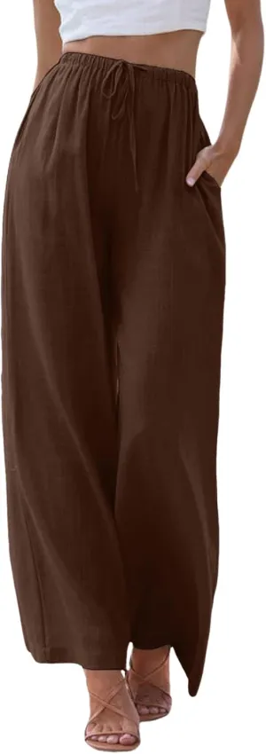 sdbrld Pantalones De Lino De Las Mujeres Linen Wide Leg Pants for Women Shorts Linen Pants Women Summer,Womens Linen Pants with Pockets High Waist Adjustable Knot Casual Trousers (Z41-Coffee, XL)