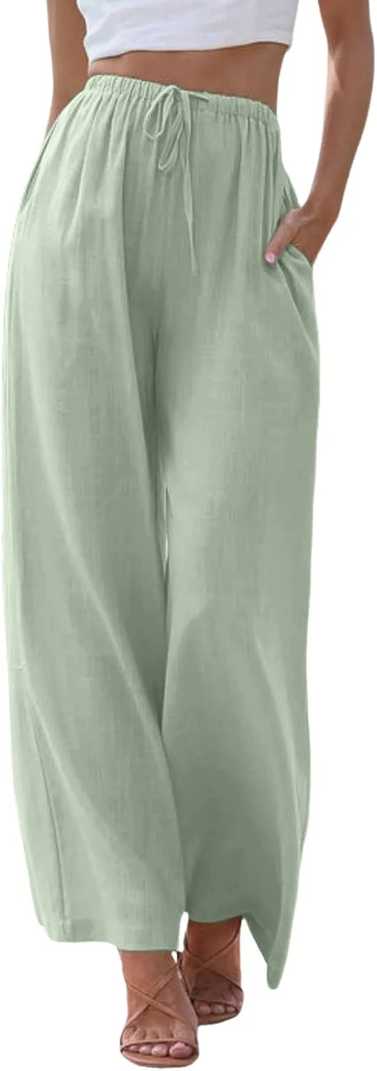 sdbrld Pantalones De Lino De Las Mujeres Linen Wide Leg Pants for Women Shorts Linen Pants Women Summer,Womens Linen Pants with Pockets High Waist Adjustable Knot Casual Trousers (Z41-Green, XL)