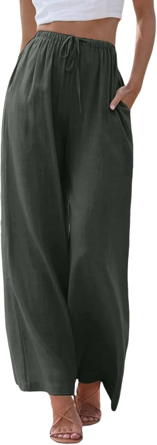 sdbrld Pantalones De Lino De Las Mujeres Linen Wide Leg Pants for Women Shorts Linen Pants Women Summer,Womens Linen Pants with Pockets High Waist Adjustable Knot Casual Trousers (Z41-GY2, XXXL)