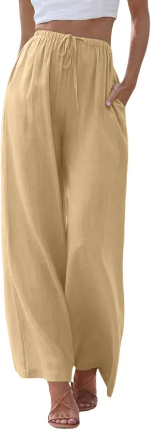 sdbrld Pantalones De Lino De Las Mujeres Linen Wide Leg Pants for Women Shorts Linen Pants Women Summer,Womens Linen Pants with Pockets High Waist Adjustable Knot Casual Trousers (Z41-Khaki, XL)