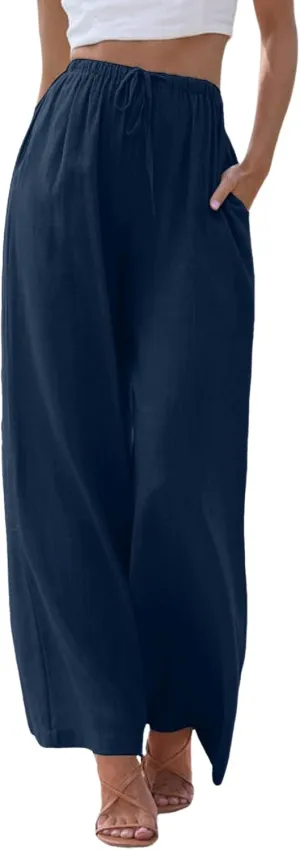 sdbrld Pantalones De Lino De Las Mujeres Linen Wide Leg Pants for Women Shorts Linen Pants Women Summer,Womens Linen Pants with Pockets High Waist Adjustable Knot Casual Trousers (Z41-Navy, XXXL)